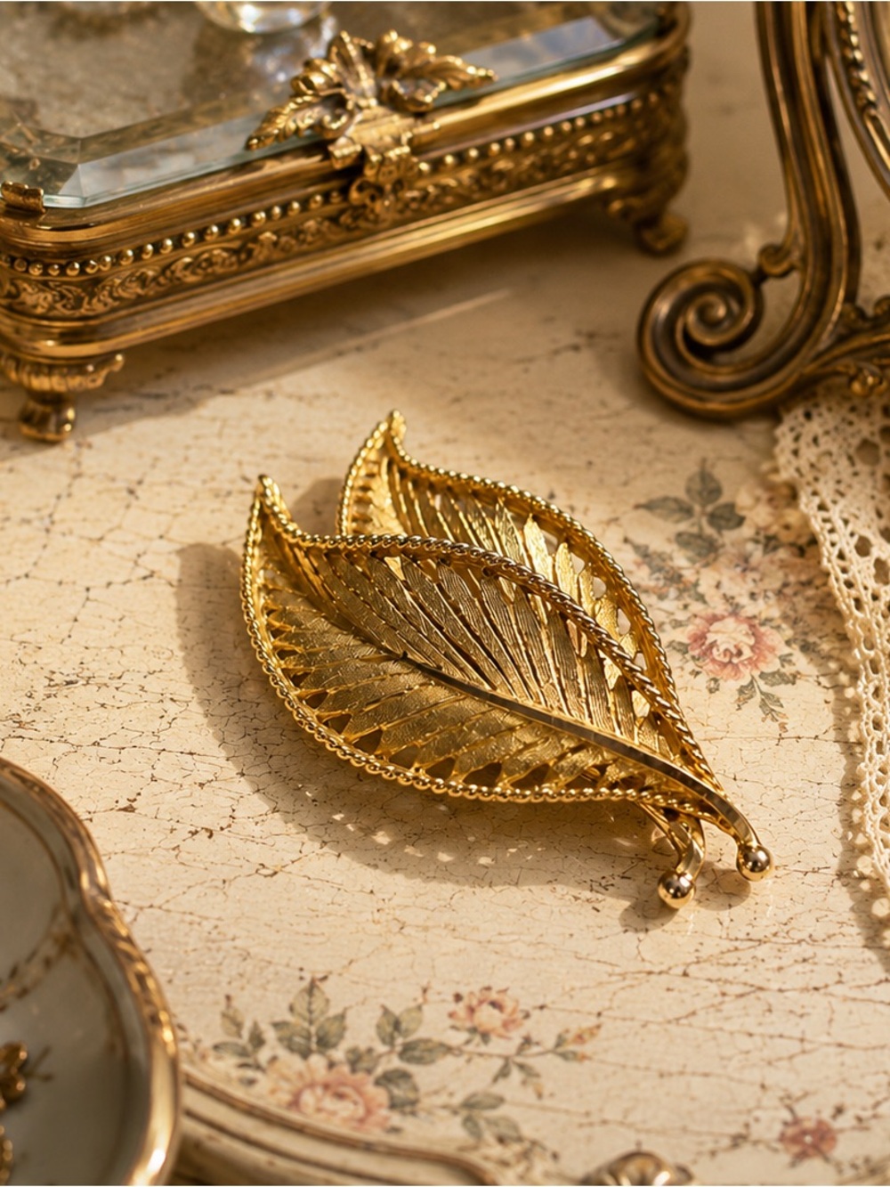Vintage BSK Double Leaf Brooch Gold Tone